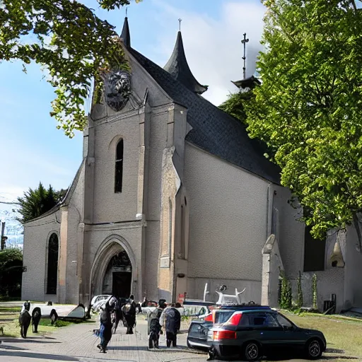 Image similar to the church of moigny sur ecole is being attacked by godzilla