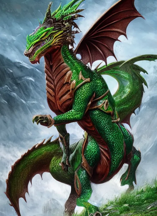 Prompt: Real life depiction of a Green dragon on horseback, Slavic heroic, epic and possibly Proto-Slavic mythology, full body, detailed and realistic, 4k, artstation, octane renderer