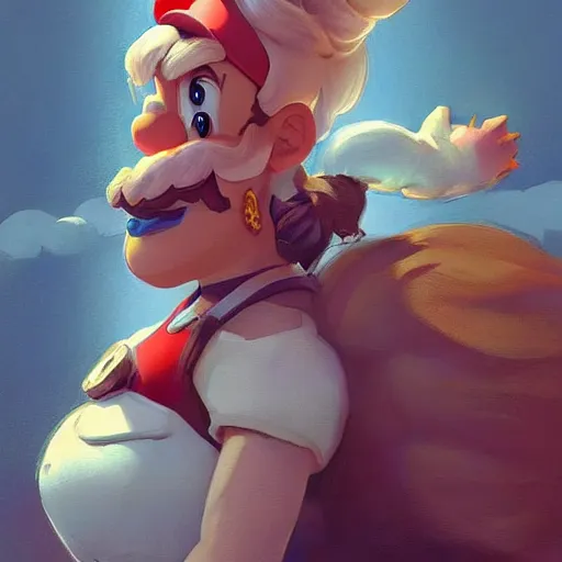 Image similar to super mario as a pretty girl, old man bowser in the background, highly detailed, digital painting, artstation, illustration, art by artgerm and greg rutkowski and alphonse mucha