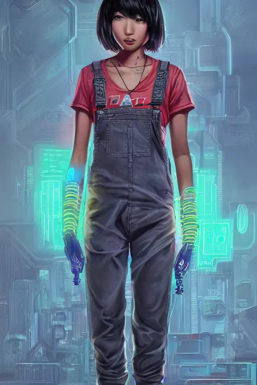 Image similar to a full body illustration of an asian female cyberpunk character wearing dungarees, highly detailed, oil on canvas, soft lighting, neon pastel colors, by Glenn Fabry, by Greg Staples, by Jean Giraud, HD, 4K