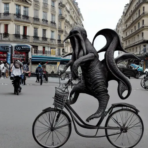 Image similar to cthulhu riding a bike in paris