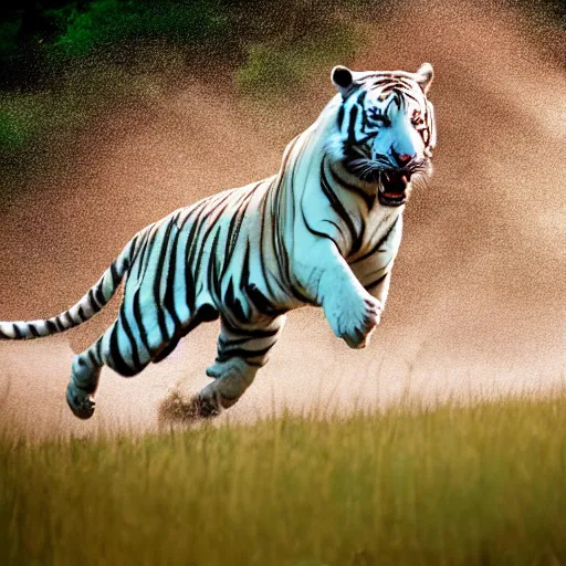 Prompt: realistic photo shot of a white tiger running fast | cinematic photo | cinematic shot | epic | 8k resolution | realistic | hyperrealistic