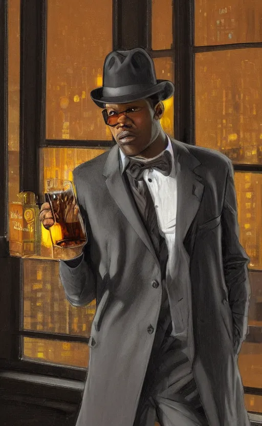 a handsome black detective wearing a gray fedora Stable