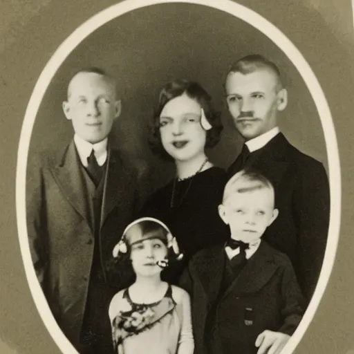 Prompt: a family portrait, all family members have the aphex twin come to daddy face, 1 9 2 0 s