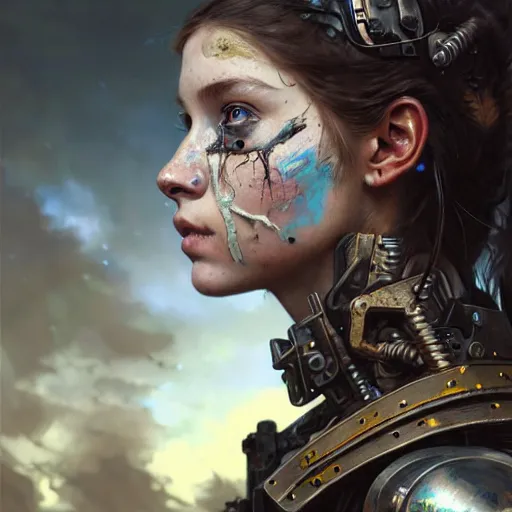 Image similar to portrait painting of a post - apocalyptic teenage girl with warpaint on her face wearing scrap armor, concept art, intricate details, eerie, highly detailed, octane render, 8 k, unreal engine. art by artgerm and greg rutkowski and charlie bowater and magali villeneuve and alphonse mucha