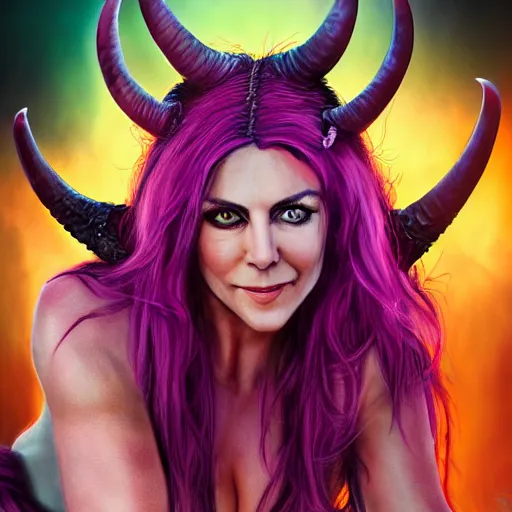 Image similar to illustrated hyper realistic portrait of Elizabeth Hurley as ram-horned devil woman with purple hair, red dress, epic action pose by rossdraws, award winning epic HD photography