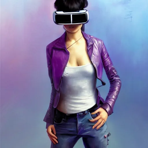 Prompt: full body of Korean female wearing VR goggles and futuristic short violet leather jacket, torn 1980s tank top underneath jacket, intricate, elegant, highly detailed, digital painting, artstation, concept art, smooth, sharp focus, illustration, art by artgerm and greg rutkowski and alphonse mucha