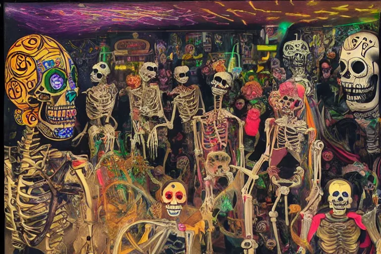 Image similar to scene from amusement arcade, day of the dead, cyber skeletons, queen in black silk in the center, neon painting by otto dix