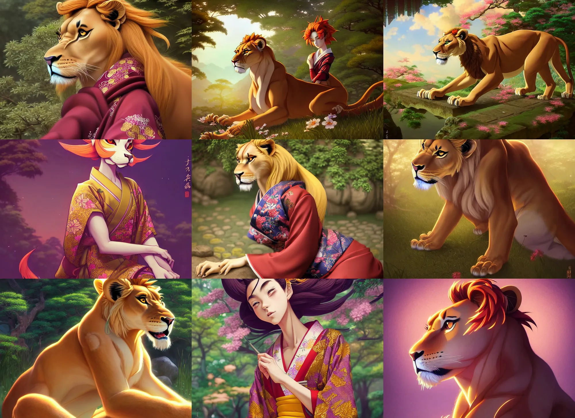Prompt: dramatic angle beautiful full body portrait of a female anthropomorphic anthro lioness fursona wearing a ornate yukata in a japanese zen garden. character design by disney, anime, manga, charlie bowater, ross tran, artgerm, and makoto shinkai, detailed, soft lighting, rendered in octane