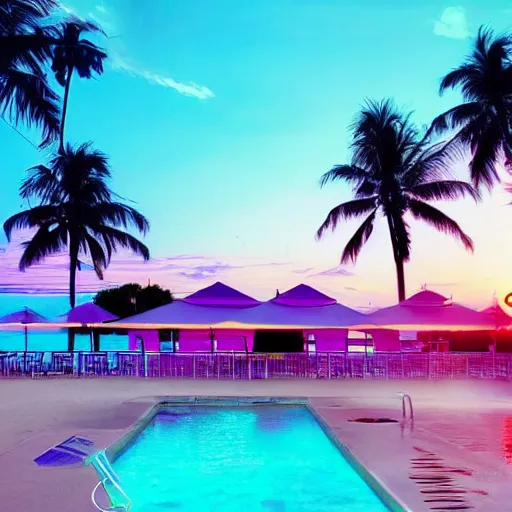 Image similar to motel, swimmingpool, sunset, palms, beach, sunset, vaporwave, pink, blue, green, purple, aesthetic.