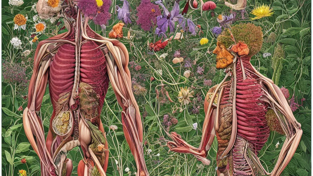 Prompt: highly detailed illustration human anatomy with all the known species of plants and flowers by juan gatti, by moebius!, by oliver vernon