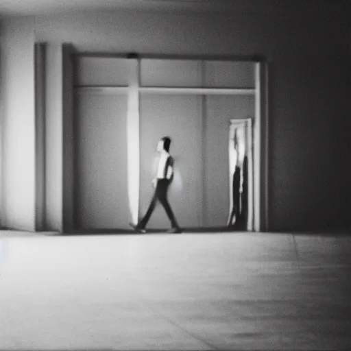 Prompt: There are two young male shadowy figures in an empty hall, motion blur, polaroid picture, black-and-white, 35mm