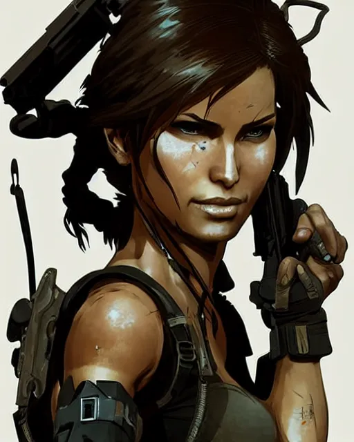 Image similar to lara croft, concept art, sumi - e style, artstation, trending, highly detailed, smooth, focus, art by yoji shinkawa