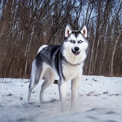 Prompt: 4 k photograph of slenderman husky dog