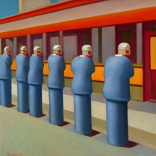 Image similar to robots queue up for ice cream, grant wood, pj crook, edward hopper, oil on canvas