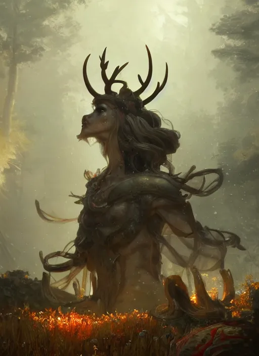 Image similar to Gigantic Deity with white antlers and translucent mushrooms, extremly detailed oil painting, in the style of Fenghua Zhong and Ruan Jia and Jeremy Lipking, rim light, beautiful lighting, mystic, 8k, stunning scene, raytracing, octane, trending on artstation