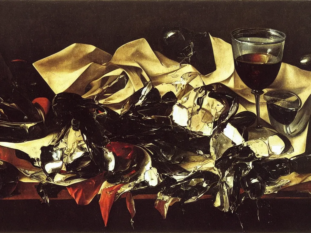 Prompt: by Michelangelo Merisi da Caravaggio Still Life with broken shattered and whole wine bottles