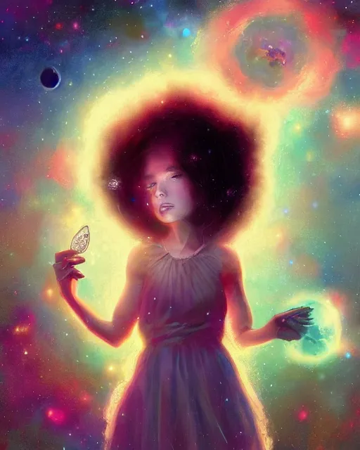 Image similar to a detailed image of an attractive!!!! girl with psychedelic! fairy wings sitting under the night sky and holding!! a crystal!! containing all of reality and galaxies, by greg rutkowski artgerm ross tran ilya kuvshinov. 7 0 mm, volumetric lighting, digital art, subtle and detailed