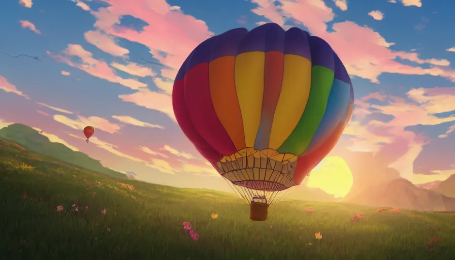 Prompt: a colorful easter egg as hot air balloon, sunset, serene evening atmosphere, soft lens, soft light, cel - shading, animation, in the style of cgsociety, deviantart, artstation, zbrush, cinema 4 d, studio ghibli, akihiko yoshida, atelier lulua, masamune shirow