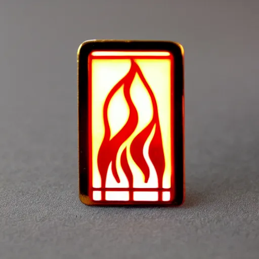 Image similar to an award winning photograph of a vintage 1 9 7 0 s minimalistic clean fire flames warning label enamel pin, beautiful cinematic light, behance