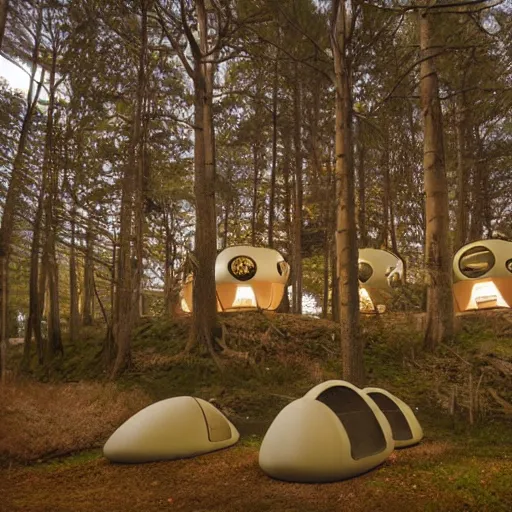 Image similar to cybernetic sleeping pods, diverse humans sleeping individual healing pods, humans sleeping in healing pods, wide wide angle, night, elaborate, forest, highly detailed, dim lighting