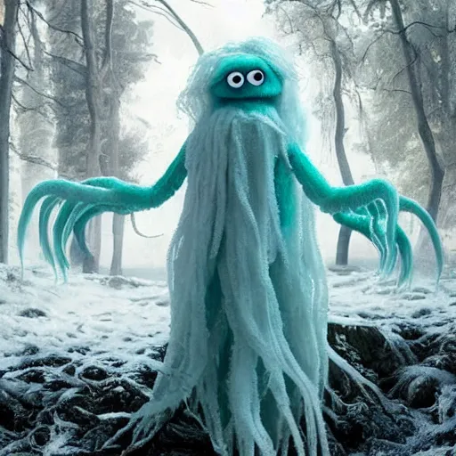Prompt: a fluffy humanoid ethereal ghost like live action muppet wraith like figure with a squid like parasite taking over its head and four long tentacles for arms that flow gracefully at its sides like a cloak while it floats around a frozen rocky lake in the middle of the frozen woods searching for lost souls and that hides amongst the shadows in the trees, this character can control the ice and snow and has mastery of the shadows, it is known as the bringer of nightmares and the conqueror of the endless night terrors and staring too long can cause paralysis, it is a real muppet by sesame street surrounded by lost muppet souls, photo realistic, real, realistic, felt, stopmotion, photography, sesame street