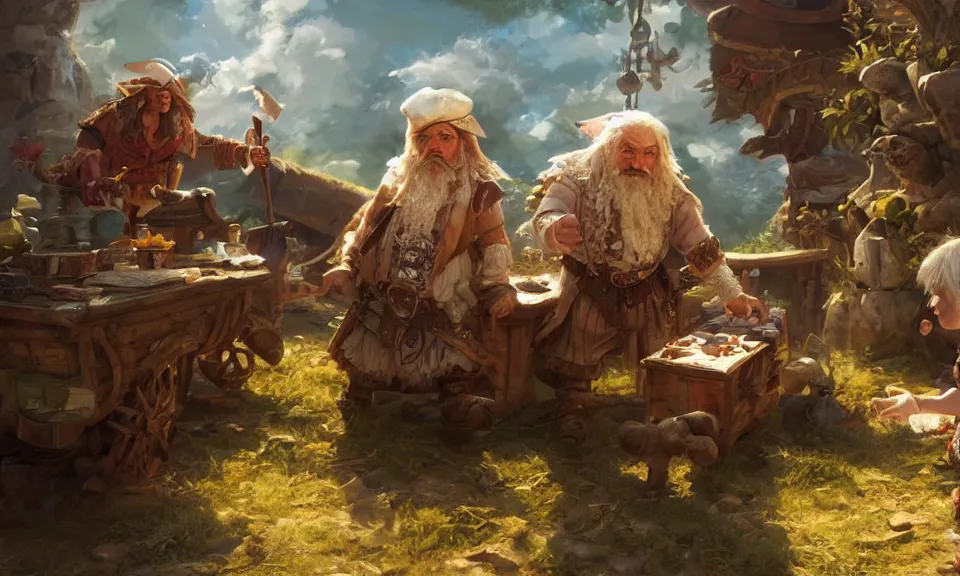 Prompt: a white haired dwarf and a pirate halfling gambling with dice near a creak and wagon, illustration by craig mullins, wlop, highly detailed, colorful, unreal engine, octane render, dramatic lighting, cinematic composition, wide shot