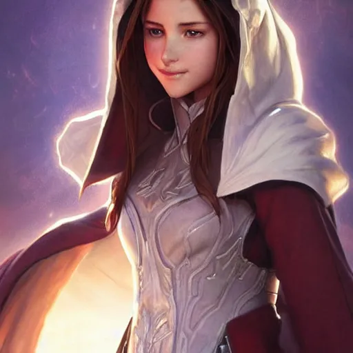 Prompt: aerith gainsborough in destiny warlock armor, wearing a hooded cloak, beautiful face!!!!, 2 7 years old, cg animation, realistic, character select portrait, by artgerm, greg rutkowski, alphonse mucha, 3 d