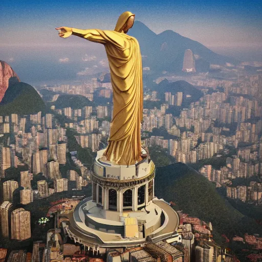 Image similar to a highly detailed picture of, the christo redentor dabbing over rio de janeiro and shouting poggers, ultrawide lens, art by john collier and albert aublet and krenz cushart and artem demura and alphonse mucha, volumetric lighting, octane render, 4 k resolution, trending on artstation, masterpiece