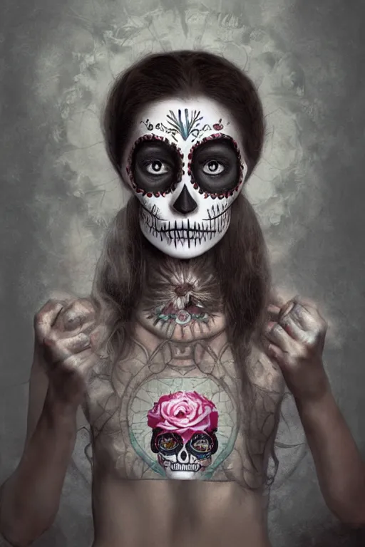 Prompt: Illustration of a sugar skull day of the dead girl, art by Michal Karcz