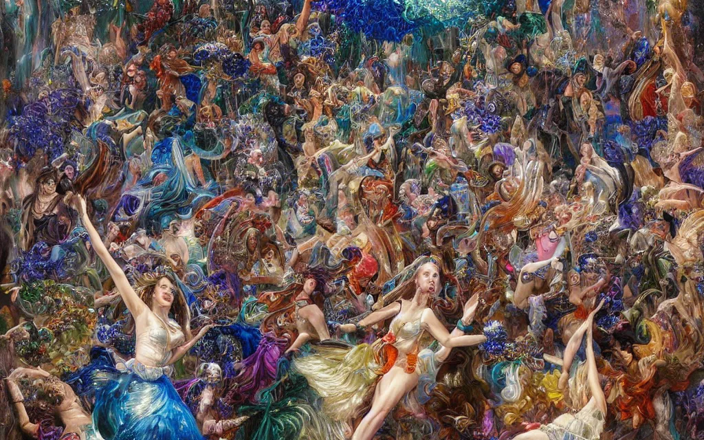 Prompt: magical crystals dance in the air, spinning and shining in a chaotic but beautiful display by donato giancola and steve argyle