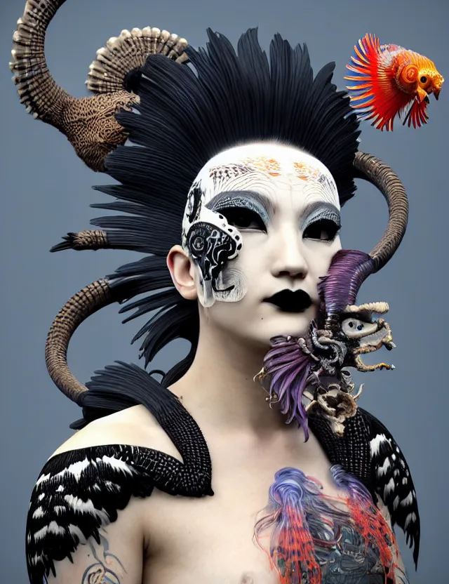 Image similar to 3 d goddess close - up profile portrait punk with mohawk with ram skull. beautiful intricately detailed japanese crow kitsune mask and clasical japanese kimono. betta fish, jellyfish phoenix, bio luminescent, plasma, ice, water, wind, creature, artwork by tooth wu and wlop and beeple and greg rutkowski