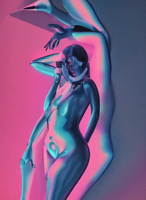 Prompt: futuristic lasers tracing, colorsmoke, fullbodysuit, pyramid hoodvisor, raindrops, wet, oiled, beautiful cyborg girl aphrodite pinup, by steven meisel, kaws, rolf armstrong, hannah af klint, perfect geometry abstract acrylic, octane hyperrealism photorealistic airbrush collage painting, monochrome, neon fluorescent colors, minimalist rule of thirds, eighties eros