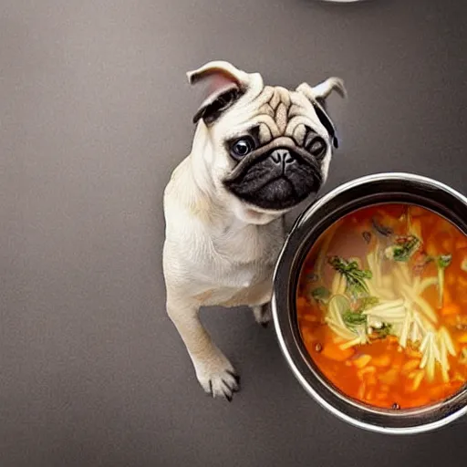 Image similar to An adorable pug sitting in a pot of soup on top of a stove, high resolution photograph