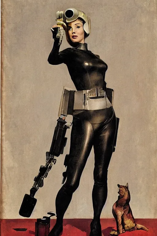 Image similar to 5 0 s pulp scifi fantasy illustration full body portrait slim mature woman in leather spacesuit, aiming shooting dynamic pose, by norman rockwell, roberto ferri, daniel gerhartz, edd cartier, jack kirby, howard v brown, ruan jia, tom lovell, frank r paul, jacob collins, dean cornwell, astounding stories, amazing, fantasy, other worlds