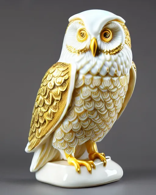 Prompt: gorgeous ornated snow white porcelain realistic detailed sacred owl statue with golden filigree carved out of ivory