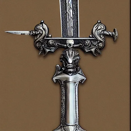 Image similar to sword of justice hanging on a wall, ornate gem in pommel, engraved blade