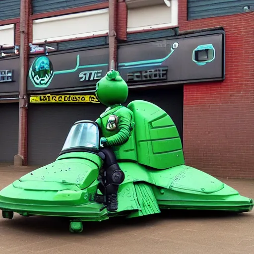 Prompt: Starbug from red dwarf tv series parked in Tesco carpark, still, photography