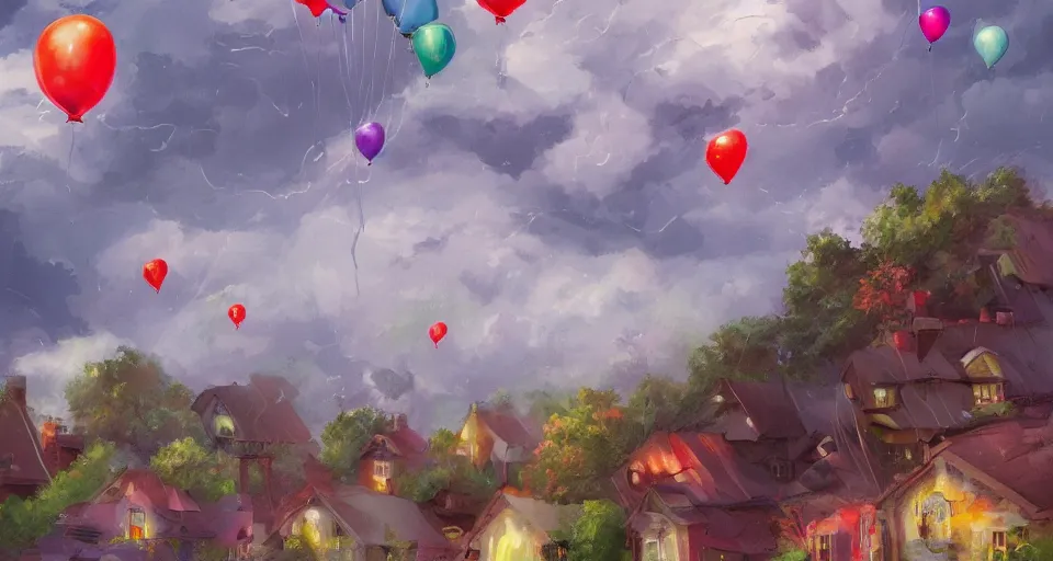 Prompt: House being lifted by hundreds of balloons in the sky, stormy weather, painted landscape, artstation