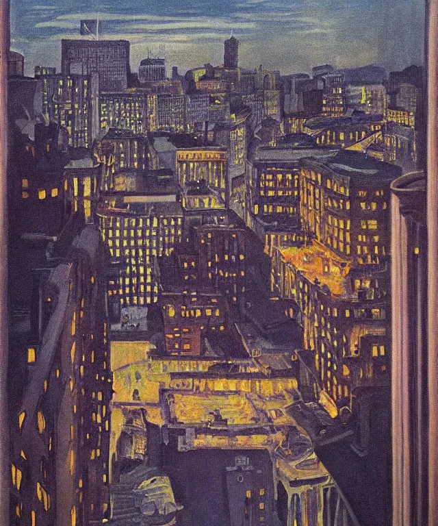 Image similar to horrifying full color photorealistic painting of the view from a 1 9 2 5 hotel terrace balcony overlooking a warped view of downtown boston in 1 9 2 5 at night with a cosmic sky, dark, atmospheric, brooding, smooth, finely detailed, cinematic, epic, in the style of paul carrick