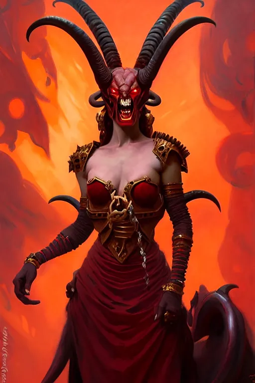 Image similar to painted close - up portrait of a very attractive red - skinned intimidating demon alien queen with ram horns! oil painting, wearing a noblewoman's outfit, fantasy art by john singer sargent and gaston bussiere and james jean and greg rutkowski, demon noble character design, hd