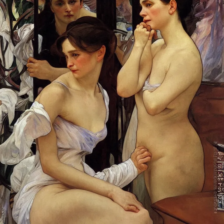 Prompt: Beautiful realistic self portrait by Zinaida Serebriakova looking at herself in the mirror with an open window painted by alphonse mucha and arnold böcklin , lush glossy oil painting shocking detail hyperrealistic 8k