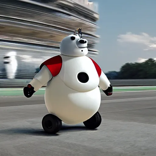 Image similar to Baymax riding a mobility scooter, race track background, photo