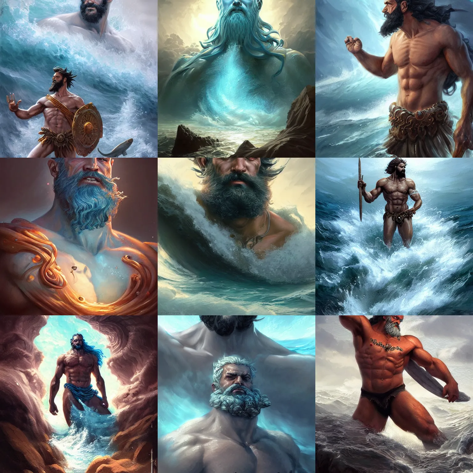 Prompt: poseidon, manos pintzis, god of the ocean, D&D, fantasy, highly detailed, digital painting, trending on artstation, concept art, sharp focus, illustration, art by artgerm and greg rutkowski and magali villeneuve