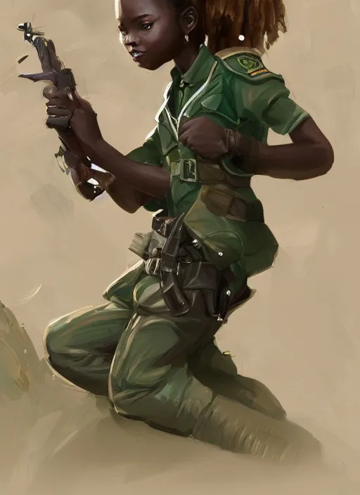 Image similar to a highly detailed illustration of cute african girl wearing military uniform and green officer cap riding!!! on giant!!! dog!!!, dramatic standing pose, perfect face, intricate, elegant, highly detailed, centered, digital painting, artstation, concept art, smooth, sharp focus, league of legends concept art, wlop