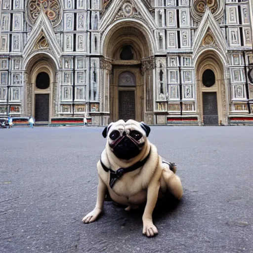 Prompt: half pug half woman, in front of basilica del duomo firenze