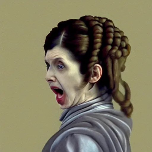 Prompt: a caravaggio artwork film of princess leia screaming, artwork by caravaggio