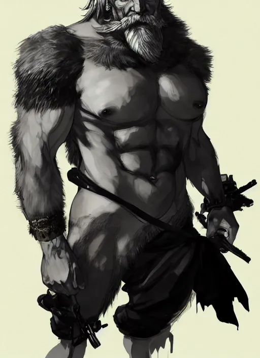 Image similar to Full body portrait of an old muscular man with white hair and black beard wearing bear skin. In style of Yoji Shinkawa and Hyung-tae Kim, trending on ArtStation, dark fantasy, great composition, concept art, highly detailed.