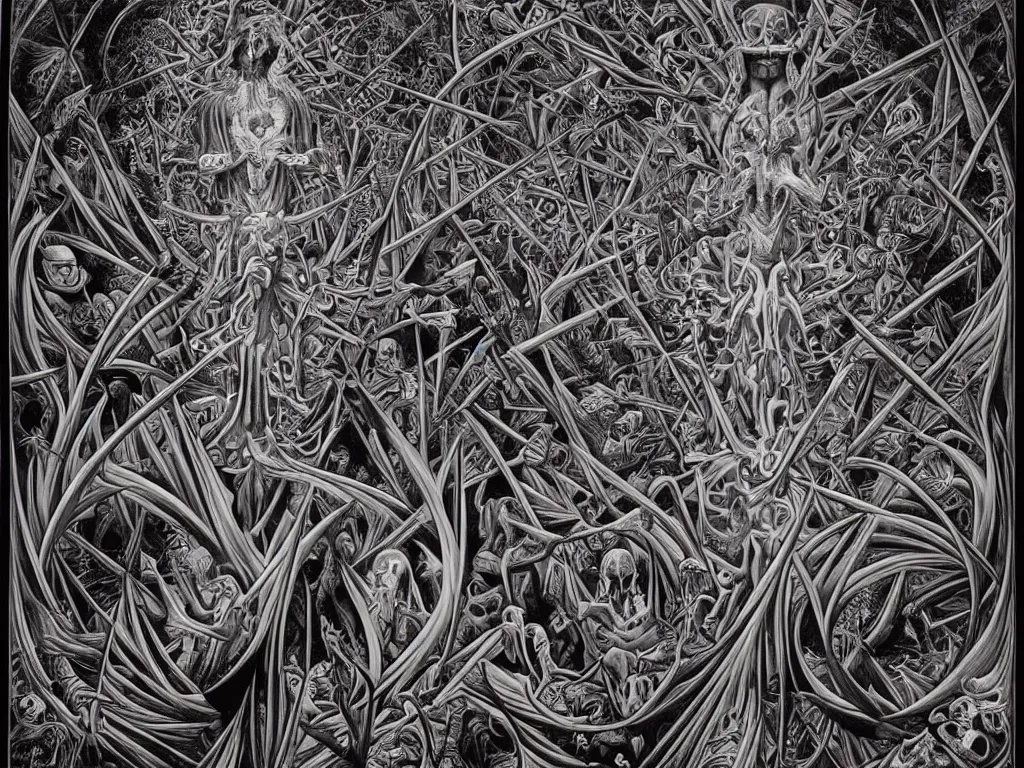 Image similar to meditation on death by Alex Grey and M. C. Escher collaboration