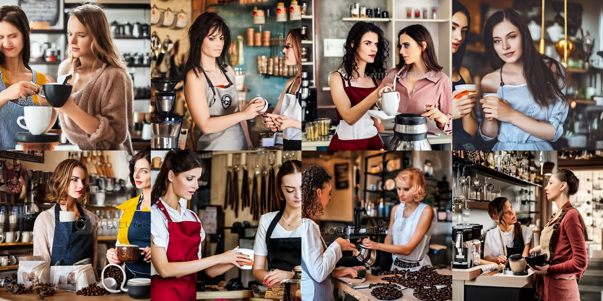 Prompt: professional photo two women creating a coffee in a shop with very detailed stunning deep eyes, Ukraine. professional photo